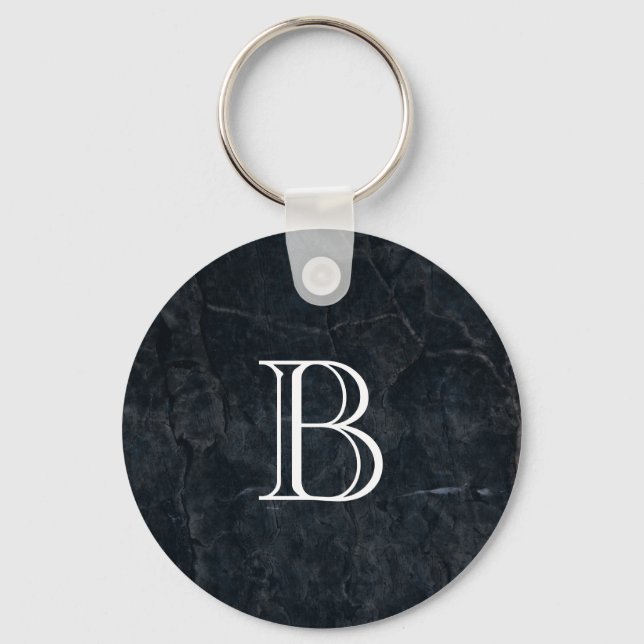Monogram Elegant Black Stone Texture Keychain (Front)