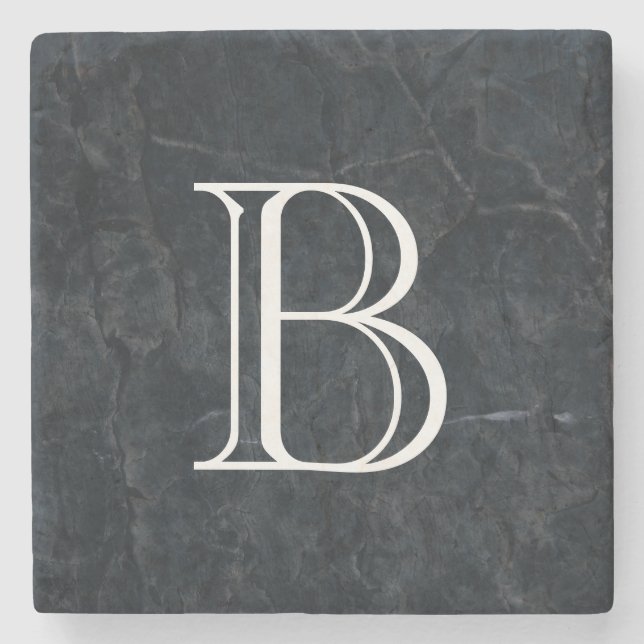 Monogram Elegant Black Stone Texture Stone Coaster (Front)