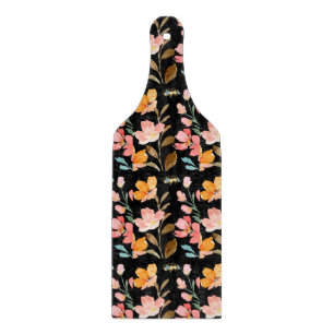 Monogram Elegant Black Watercolor Flower Cutting Board