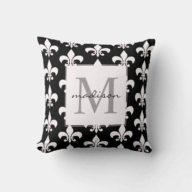 Monogram Elegant Black White Fleur de lis Pattern Throw Pillow (Front)