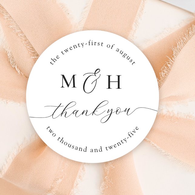 Monogram Elegant Black White Thank you Wedding Classic Round Sticker (Creator Uploaded)