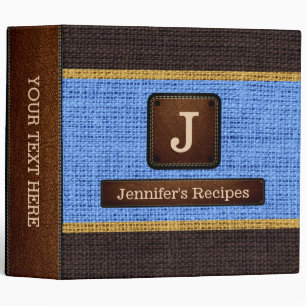 Monogram Elegant Blue Brown Burlap Look Binder