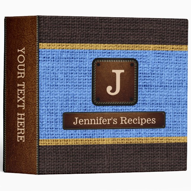 Monogram Elegant Blue Brown Burlap Look Binder (Front/Spine)