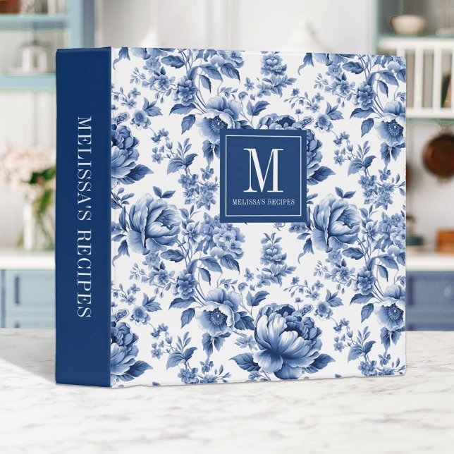 Monogram Elegant Blue Floral Cookbook Recipe Binder (A pretty vintage blue and white floral monogram recipe binder. Makes a great birthday gift!)