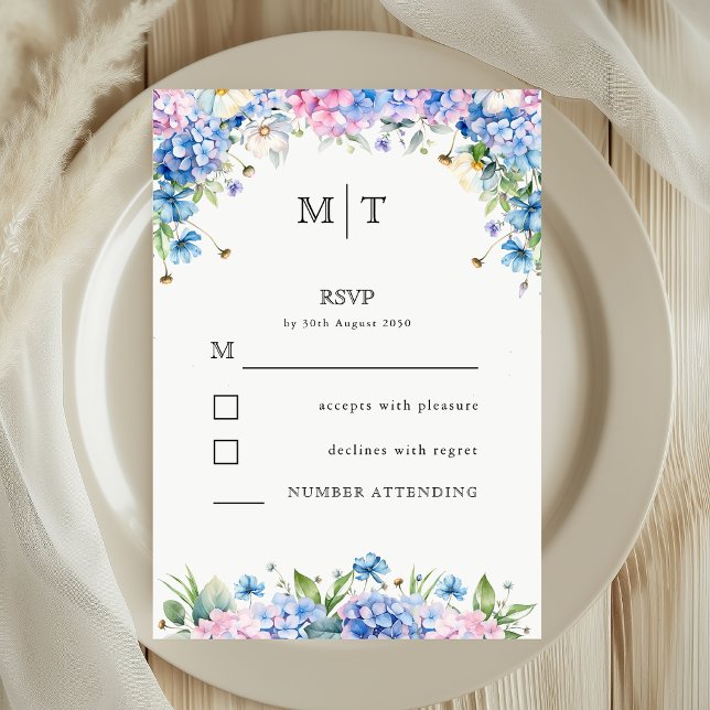 Monogram Elegant Blue Hydrangea Wedding Reply  RSVP Card (Creator Uploaded)