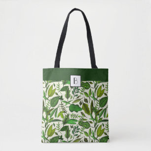 Monogram Elegant Botanical Green Leaves Pattern Tote Bag
