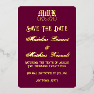 Monogram Elegant Burgundy & Gold Save the Date