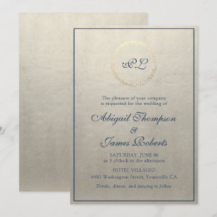 Monogram Elegant Champagne and Navy Blue Wedding Invitation