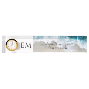 Monogram Elegant Custom Beach Blue Green Clock Nameplate