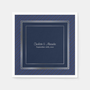 Monogram Elegant Dark Blue Silver Border Wedding Napkin