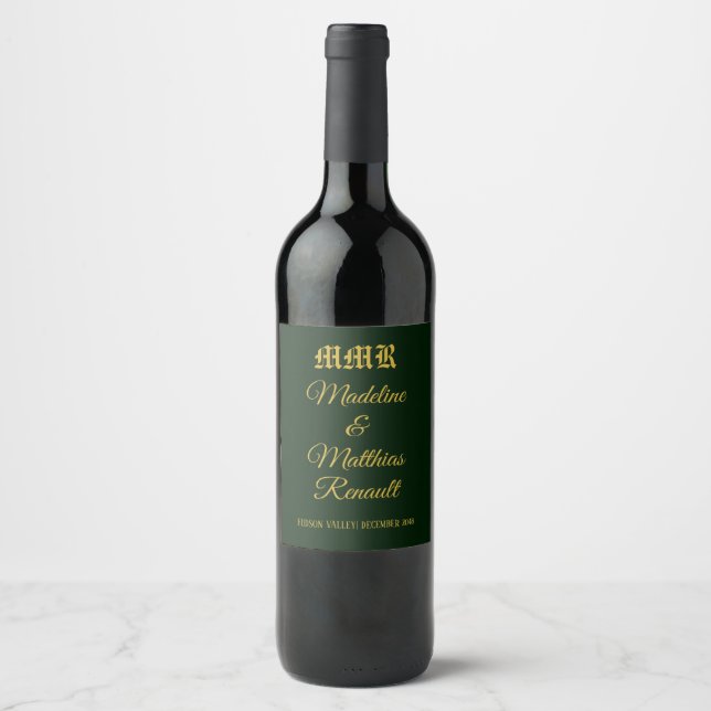 Monogram Elegant Dark Green and Gold Wedding  Wine Label (Front)