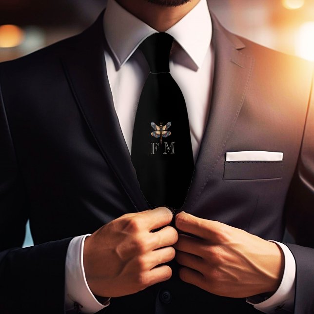 Monogram Elegant Dragonfly On Black Neck Tie (Creator Uploaded)