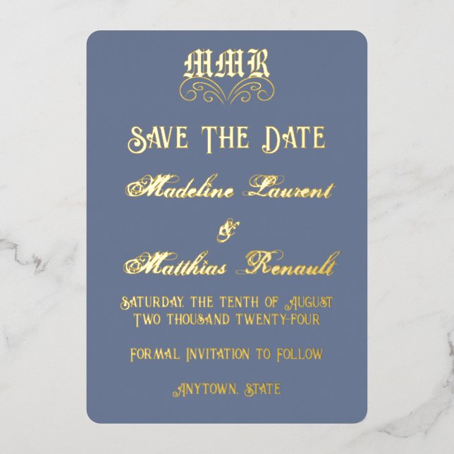Monogram Elegant Dusty Blue & Gold Save the Date (Front)