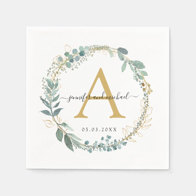 Monogram, elegant eucalyptus wedding  napkin (Front)