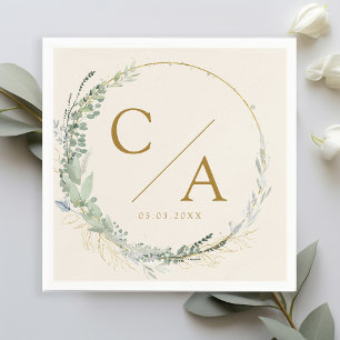 Monogram, elegant eucalyptus wedding napkins