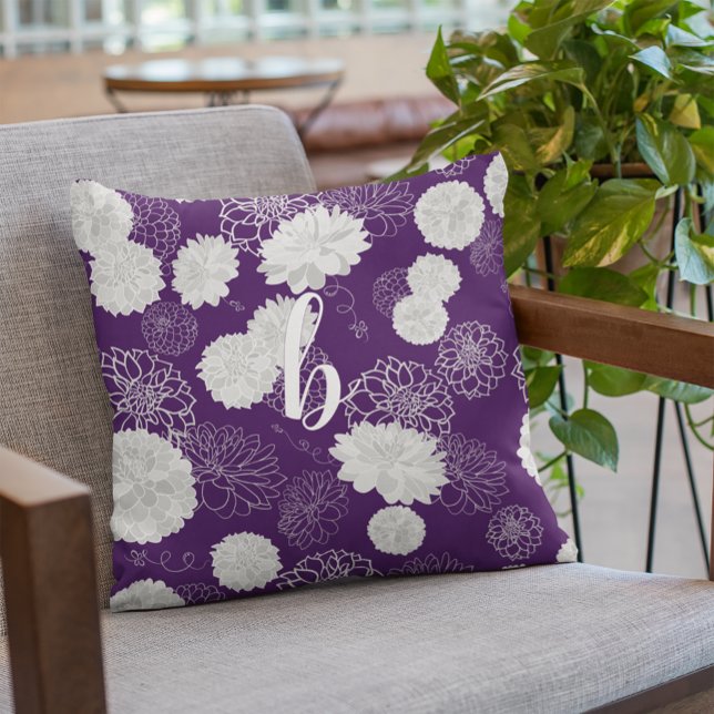 Monogram Elegant Floral Dark Purple Throw Pillow (Creator Uploaded)