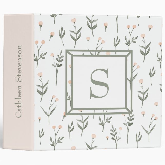 Monogram Elegant Floral Greenery Pink Green Modern Binder (Front/Spine)