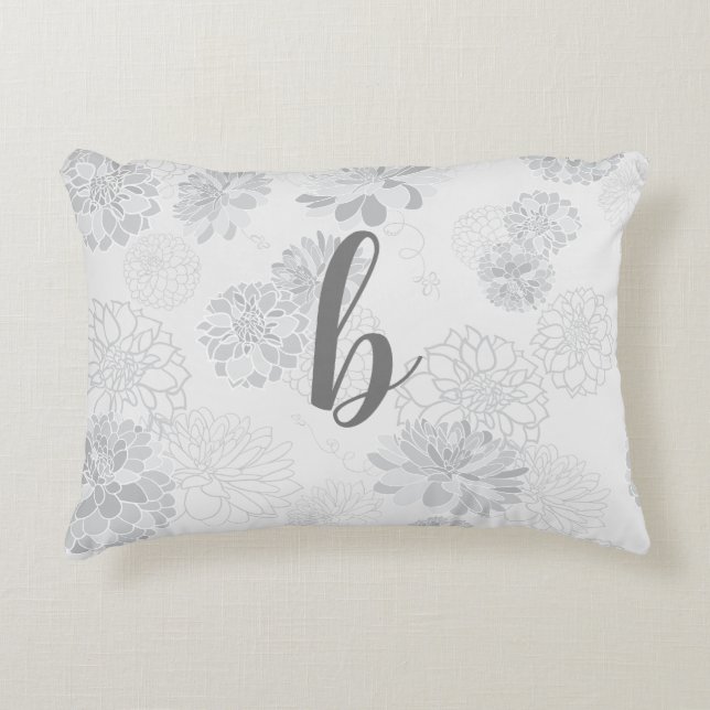 Monogram Elegant Floral Grey Accent Pillow (Front)