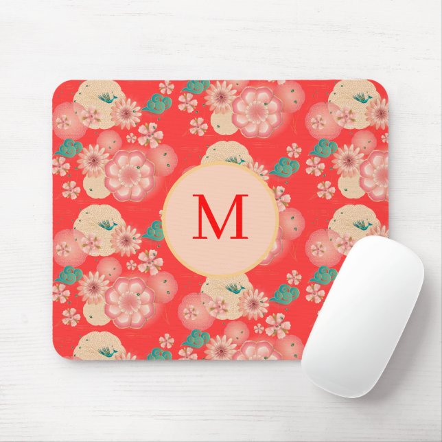 Monogram Elegant Floral Ornament Peach Garden Mouse Pad (With Mouse)