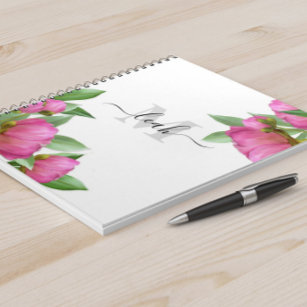 Monogram Elegant Floral Vintage Pretty Pink Peony Notebook