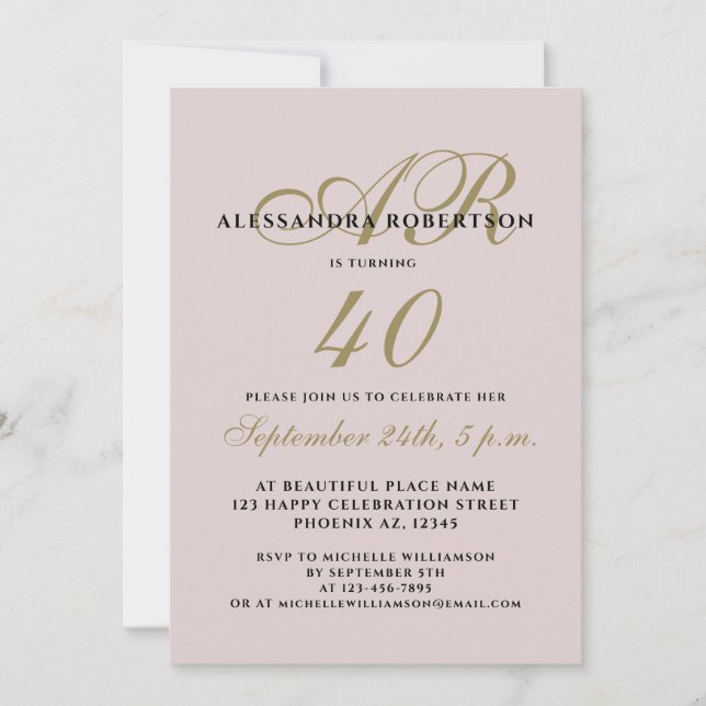 Monogram elegant forty birthday blush pink gold  invitation (Front)