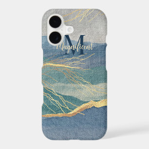 Monogram Elegant Gold Blue Landscape Art