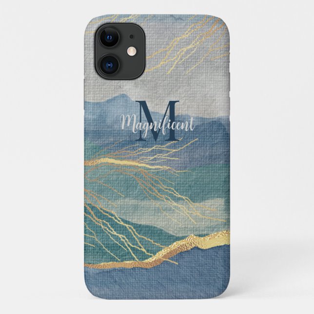 Monogram Elegant Gold Blue Landscape Art Case-Mate iPhone Case (Back)