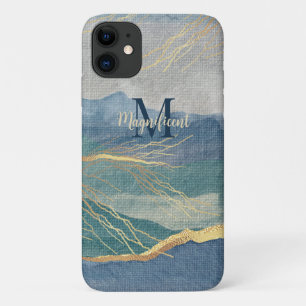 Monogram Elegant Gold Blue Landscape Art iPhone 11 Case