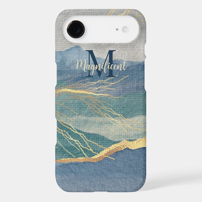 Monogram Elegant Gold Blue Landscape Art Case-Mate iPhone Case (Back)