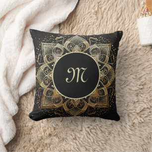 Monogram Elegant Gold Mandala on Black Throw Pillow