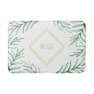 Monogram Elegant Greenery Watercolor Leaves Bath Mat