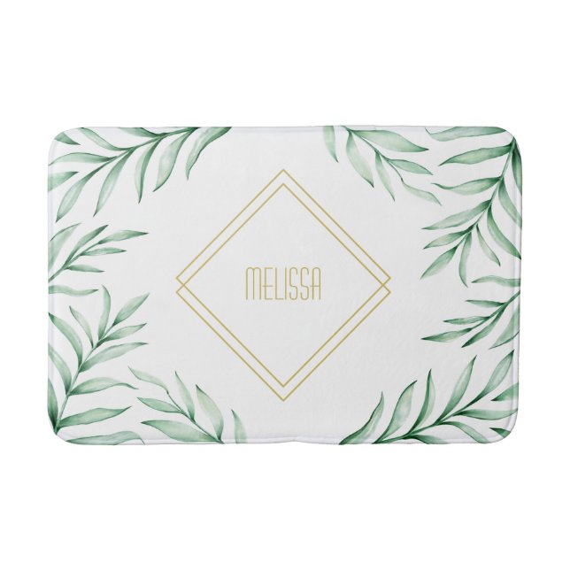 Monogram Elegant Greenery Watercolor Leaves Bath Mat (Front)