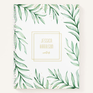 Monogram Elegant Greenery Watercolor Leaves Green Notebook