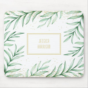 Monogram Elegant Greenery Watercolor Leaves Mouse Pad