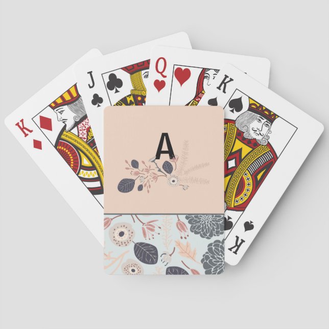 Monogram Elegant Grey Blue Peach Floral Pattern Playing Cards (Back)