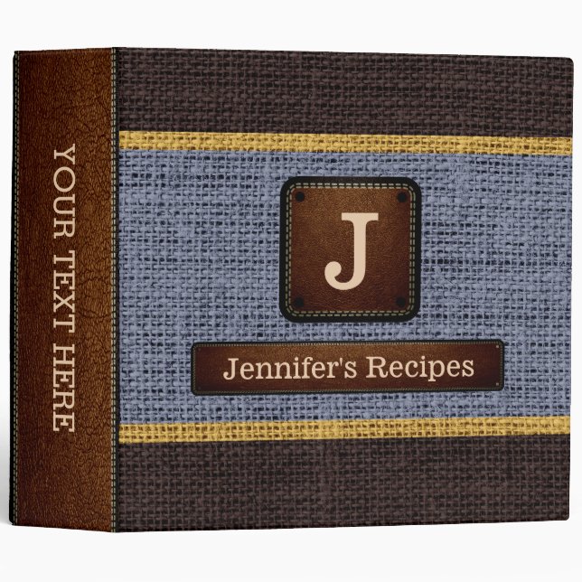 Monogram Elegant Grey Brown Burlap Look Binder (Front/Spine)