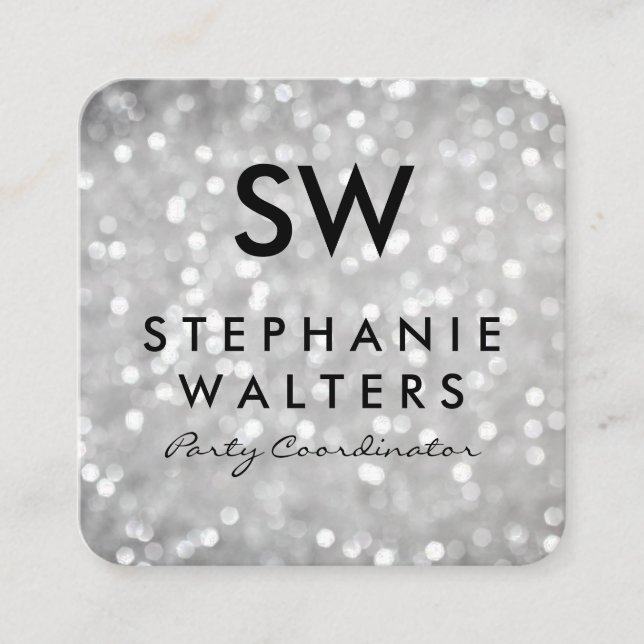 Monogram Elegant Grey Glitter Square Business Card (Front)
