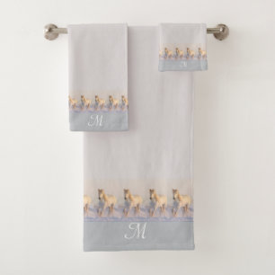 Monogram, Elegant, Horses on Gainsboro Ashy Grey Bath Towel Set