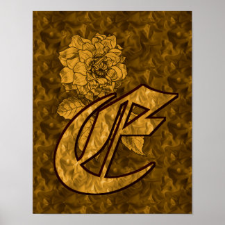 Monogram Elegant Initial E Gold Peony Flower Poster