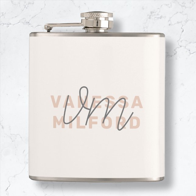Monogram Elegant Ivory Cream Modern Minimalist Hip Flask (Creator Uploaded)