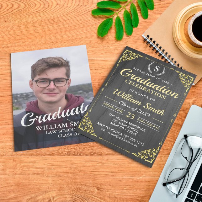 Monogram Elegant Laurel Wreath Golden Graduation Invitation (Creator Uploaded)