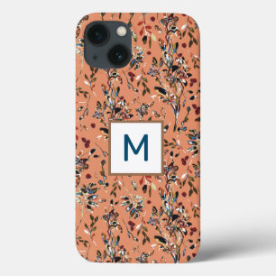 Monogram Elegant Leaves Berries Orange Watercolor iPhone 13 Case