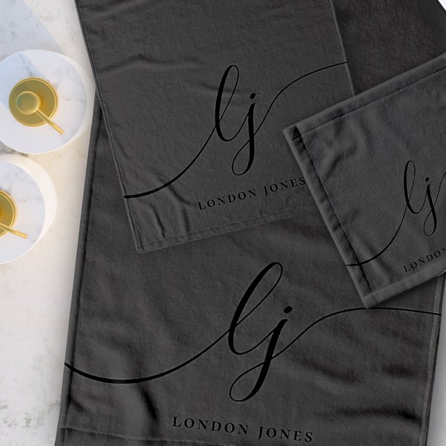 Monogram Elegant Minimal Black Calligrapy Bath Bath Towel Set (Creator Uploaded)