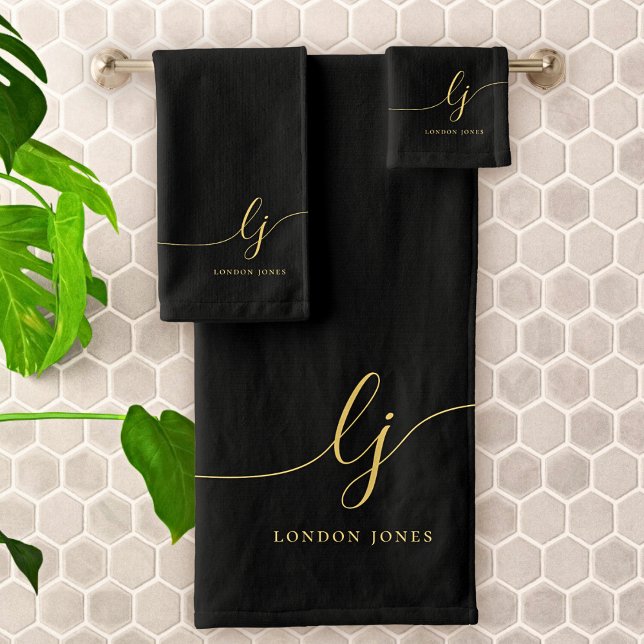Monogram Elegant Minimal Black Gold Chic Bath Towel Set (Creator Uploaded)