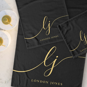 Monogram Elegant Minimal Black Gold Chic Stylish Bath Towel Set
