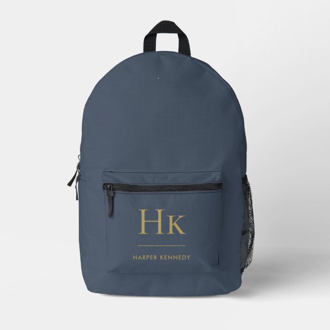 Monogram Elegant Minimal Navy Gold Monogrammed Printed Backpack (Front)