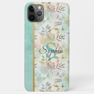 Monogram Elegant Mint Green Watercolor Floral  iPhone 11 Pro Max Case