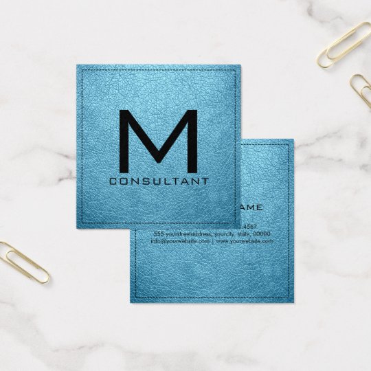 Monogram Elegant Modern Baby Blue Leather Square Business Card