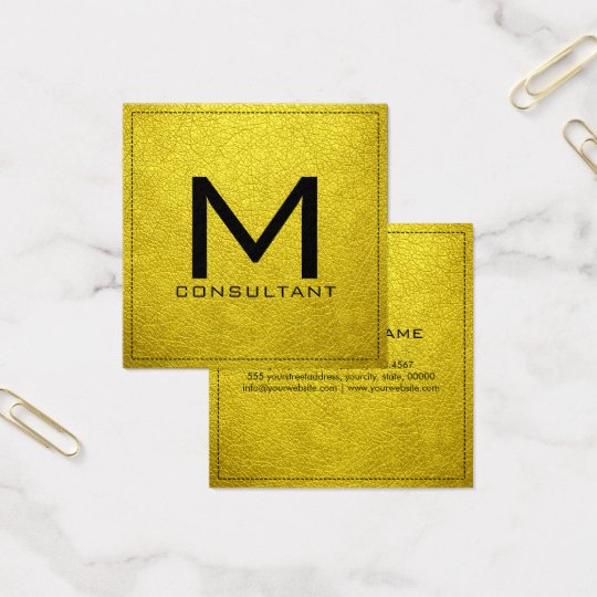 Monogram Elegant Modern Banana Yellow Leather Square Business Card