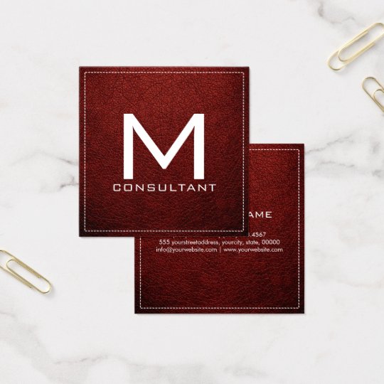 Monogram Elegant Modern Barn Red Leather Square Business Card